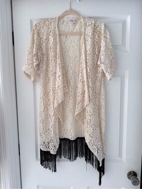 Lace Fringe, BOHO, Kimono Cardigan in Cream with Black Fringe
